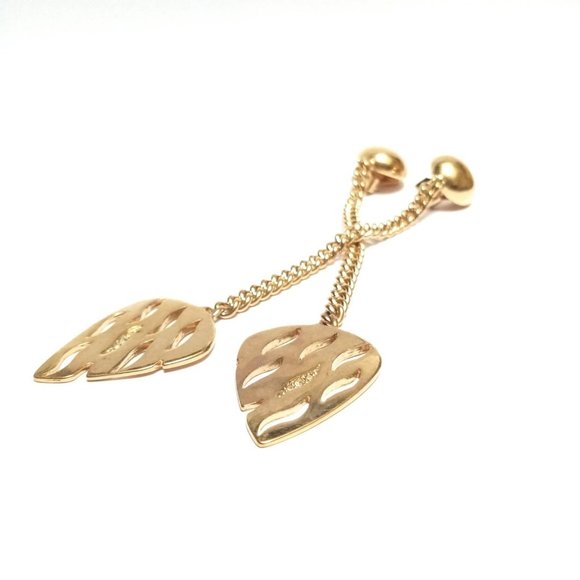 Golden vintage Earrings, 1990s retro Clip On Drop, Leaf shaped with Rhinestone, - Picture 2 of 9